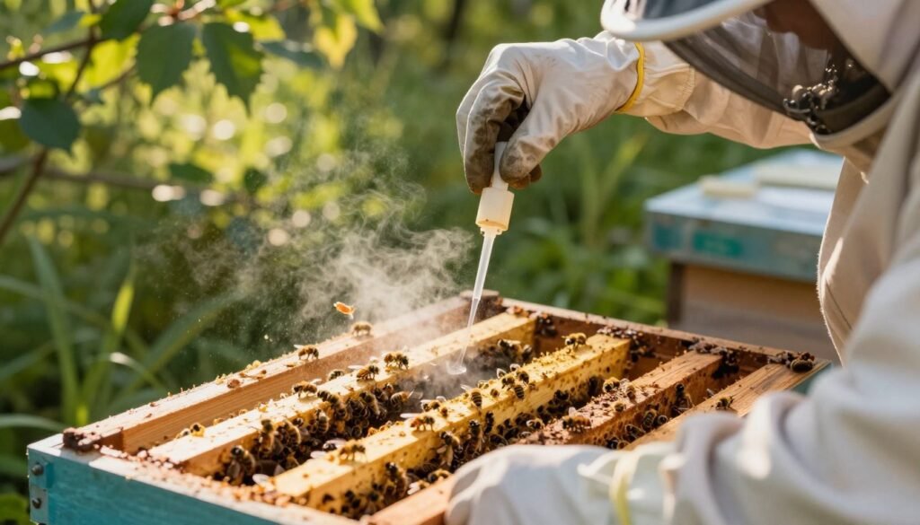 A close-up scene depicting a beekeeper in professional attire, gently applying oxalic acid using the dribble application method on a beehive. In the foreground, a focused shot of the beekeeper's gloved hands holding a small applicator, releasing a fine mist of the solution onto the frames inside the hive. In the middle, the detailed texture of wooden hive frames filled with bees can be seen, illustrating the careful attention required in this process. The background includes a soft focus of lush greenery and sunlight filtering through the leaves, creating a serene and peaceful atmosphere. The lighting is warm and natural, enhancing the organic feel of the scene, and the composition is shot from a slightly elevated angle to capture the action clearly.