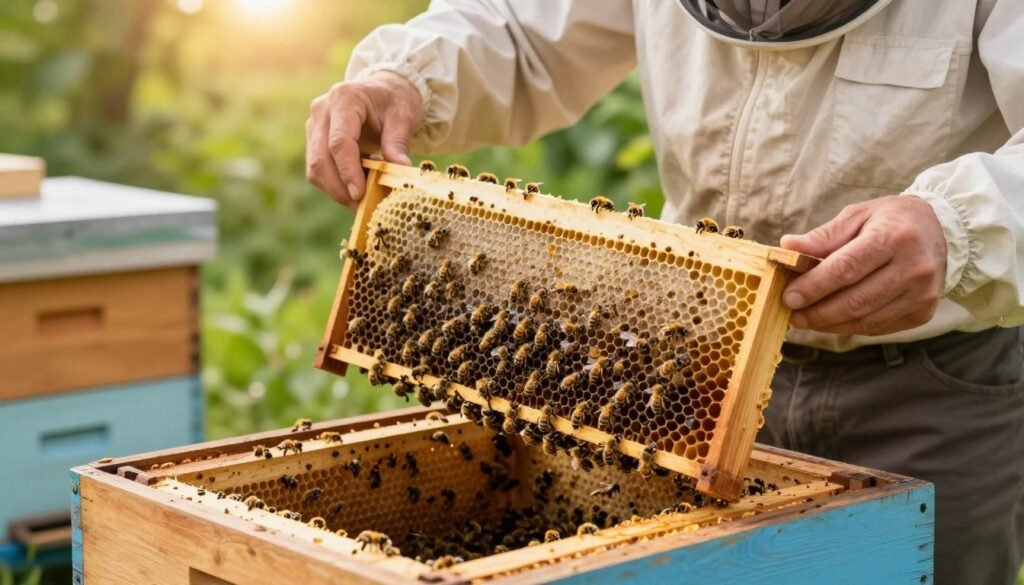 A close-up scene depicting a beekeeper in professional attire, gently handling frames of honeycomb inside a well-lit apiary. The foreground focuses on the beekeeper's hands, delicately grasping a frame, showing the bees calmly at work, emphasizing the importance of minimization of stress for the colony. The middle ground features a wooden beehive, with frames partially removed, showcasing the buzzing activity of bees. The background reveals lush greenery and soft sunlight filtering through, creating a serene, warm atmosphere that conveys a sense of care and respect for the bee colony. The overall mood is calm and nurturing, highlighting best practices in beekeeping.