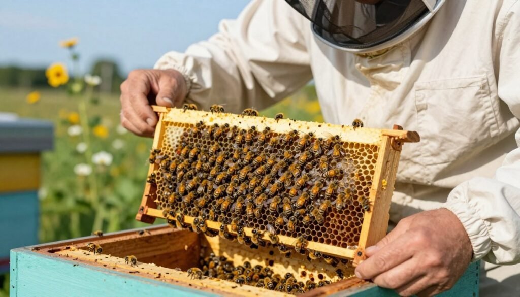 A close-up scene depicting a beekeeper in professional attire, gently inspecting a wooden package of bees nestled in a hive box. The foreground features the beekeeper's hands holding a frame, showcasing buzzing honeybees in intricate detail, with their vibrant yellow and black bodies actively moving. In the middle ground, the open package reveals the organized layers of bees and protective mesh, emphasizing the focus on the inspection. The background is softly blurred, hinting at a sunny outdoor setting with flowering plants and a clear blue sky. The atmosphere is calm and methodical, embodying the responsibility and care required in beekeeping. Use natural lighting to capture the warmth of the day, with a slight bokeh effect for depth. A close-up scene depicting a beekeeper in professional attire, gently inspecting a wooden package of bees nestled in a hive box. The foreground features the beekeeper's hands holding a frame, showcasing buzzing honeybees in intricate detail, with their vibrant yellow and black bodies actively moving. In the middle ground, the open package reveals the organized layers of bees and protective mesh, emphasizing the focus on the inspection. The background is softly blurred, hinting at a sunny outdoor setting with flowering plants and a clear blue sky. The atmosphere is calm and methodical, embodying the responsibility and care required in beekeeping. Use natural lighting to capture the warmth of the day, with a slight bokeh effect for depth.