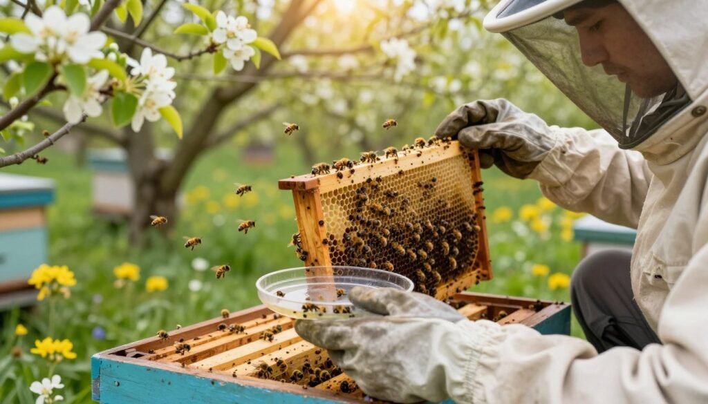 A close-up scene depicting a beekeeper in protective gear, kneeling next to a vibrant spring flower garden while carefully sampling varroa mites from a honeybee hive frame. The foreground shows the beekeeper's gloved hands holding a small clear dish filled with bees and a few varroa mites. In the middle ground, the detail of the beehive is visible, surrounded by busy bees flying in and out. The background features lush green trees and blooming flowers under soft, warm sunlight filtering through the leaves, creating a serene atmosphere. The image is captured from a low angle to emphasize the beekeeper’s meticulous work, with crisp focus and vibrant colors to illustrate the beauty of spring and the importance of mite sampling in apiary management.