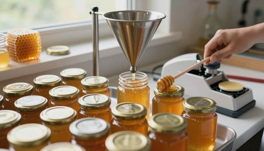 A close-up scene depicting a clean, organized bottling station for honey, focusing on troubleshooting issues with jars and seals. In the foreground, neatly arranged glass jars with golden honey are displayed, some with lids partially unscrewed to represent the process of checking seals. In the middle, a stainless steel funnel is positioned above a jar, with a honey dipper resting alongside. The background shows a softly lit workspace with natural light filtering through a window, illuminating honeycomb and tools like a label maker and a sealing wax stove. The atmosphere is calm and methodical, suggesting a professional honey bottling environment, with warm colors enhancing the inviting feel. No people are present, ensuring a clear focus on the bottling tools and jars.