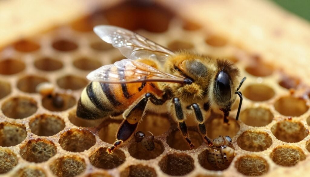 A close-up scene depicting a honey bee exhibiting symptoms of Parasitic Mite Syndrome, focusing on the bee's body covered with Varroa mites, highlighting the parasitic relationship. The bee is resting on a capped brood cell within a beehive, surrounded by glistening hexagonal wax cells. In the foreground, the bee's wings are delicately detailed, while the mites are visible on its abdomen, emphasizing their size and impact. The middle ground features more capped brood cells, some slightly open to reveal healthy larvae. The background shows the interior of the hive with soft, warm lighting filtering through, creating a somber yet informative atmosphere. The image should be sharp, with a macro lens effect to capture the intricate details of the mites and the bee.