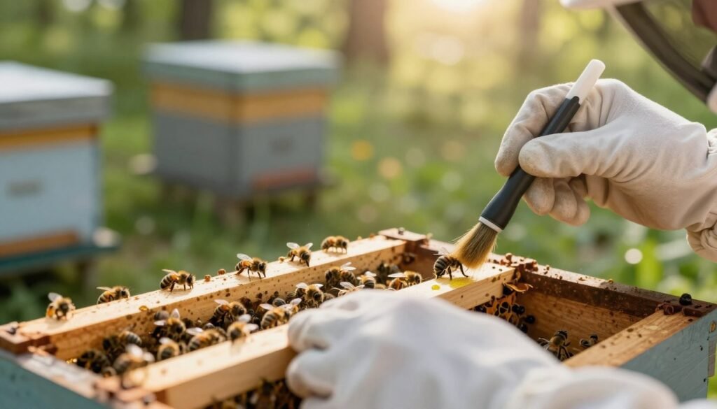 A close-up scene depicting a professional beekeeper gently marking a queen bee with a small dot of non-toxic paint on a delicate and calm hive frame. The foreground features the beekeeper's focused hands wearing white gloves, holding a small brush, with a specialized marking pen nearby. The middle ground highlights the hive frame, with the queen bee prominently visible among the worker bees, showcasing her larger size and elongated abdomen. The background features blurred beehive boxes and green foliage, creating a natural, outdoor setting. Soft, diffused sunlight filters through the trees, casting a warm glow on the scene, enhancing the tranquil atmosphere of safe bee management. The angle captures the intricate details of the queen bee and the careful marking process, emphasizing the importance of precision in beekeeping.