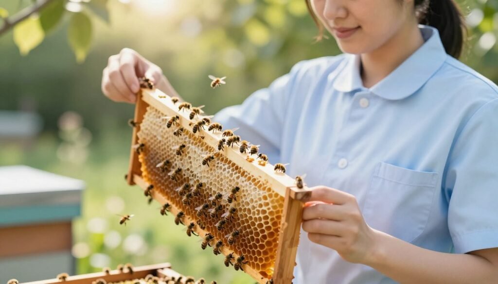 A close-up scene depicting a professional nurse in modest attire demonstrating the bee shake method, carefully handling a wild comb with bees in a gentle manner. The foreground features the nurse holding a frame with fresh honeycomb, some bees hovering around her. In the middle, bees are actively engaged, highlighting their behavior during the transfer process. The background portrays a bright and natural environment, perhaps a garden or beehive area, with soft, diffused sunlight filtering through the leaves, creating a calm atmosphere. The image should convey focus and care, emphasizing the importance of managing bee behavior. Use a macro lens angle to capture details of both the bees and the nurse. The overall mood is serene and educational, suitable for an informative article. A close-up scene depicting a professional nurse in modest attire demonstrating the bee shake method, carefully handling a wild comb with bees in a gentle manner. The foreground features the nurse holding a frame with fresh honeycomb, some bees hovering around her. In the middle, bees are actively engaged, highlighting their behavior during the transfer process. The background portrays a bright and natural environment, perhaps a garden or beehive area, with soft, diffused sunlight filtering through the leaves, creating a calm atmosphere. The image should convey focus and care, emphasizing the importance of managing bee behavior. Use a macro lens angle to capture details of both the bees and the nurse. The overall mood is serene and educational, suitable for an informative article.