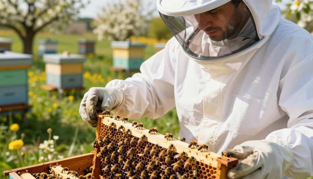 A close-up scene depicting an apiarist, dressed in a professional white bee suit and veil, carefully inspecting adult honey bees on a hive frame. The foreground features the technician gently holding a frame filled with bees, highlighting their health. In the middle, healthy bees are shown actively moving, with a few displaying signs of potential parasites, such as Varroa mites. The background displays a sunny apiary with multiple hives, blooming flowers, and verdant greenery, lending a vibrant feel. The lighting is warm and bright, creating a serene atmosphere that emphasizes careful observation and attention to detail. The composition is balanced, allowing emphasis on both the bees and the attentive apiarist, captured from a slightly elevated angle to showcase the interaction between them. A close-up scene depicting an apiarist, dressed in a professional white bee suit and veil, carefully inspecting adult honey bees on a hive frame. The foreground features the technician gently holding a frame filled with bees, highlighting their health. In the middle, healthy bees are shown actively moving, with a few displaying signs of potential parasites, such as Varroa mites. The background displays a sunny apiary with multiple hives, blooming flowers, and verdant greenery, lending a vibrant feel. The lighting is warm and bright, creating a serene atmosphere that emphasizes careful observation and attention to detail. The composition is balanced, allowing emphasis on both the bees and the attentive apiarist, captured from a slightly elevated angle to showcase the interaction between them.