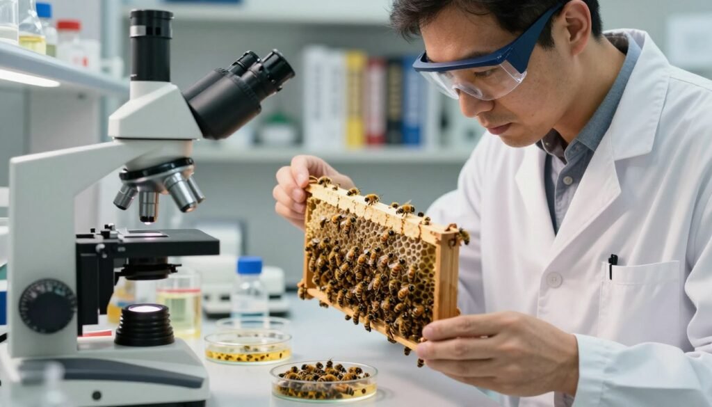 A close-up scene depicting an entomologist in a modern lab, examining a vibrant beehive under soft, diffused lighting. The foreground features a microscope with intricate detailing, alongside petri dishes filled with bee larvae, emphasizing careful observation of colony growth. In the middle ground, the researcher, dressed in a lab coat and safety goggles, is intently analyzing a frame of bees, ensuring clear focus on the health of the queen bee. The background includes shelves filled with beekeeping tools and reference books, creating a scholarly atmosphere. The mood is diligent and professional, conveying a sense of scientific inquiry and care for the delicate ecosystem within the hive. The image captures the blend of nature and research with a focus on monitoring bee health and development.