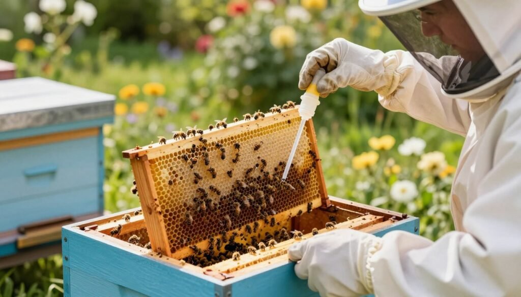 A close-up scene depicting the precise application of oxalic acid dribble for bees. In the foreground, a beekeeper wearing professional protective gear carefully applies the oxalic acid dribble to the entrance of a bee hive, showcasing the process. The middle of the image features a vibrant, active beehive, with bees visibly reacting to the treatment, surrounded by frames filled with honeycomb. In the background, a sunny garden setting with blooming flowers and lush greenery enhances the mood of a warm, productive day. Soft, natural lighting creates a serene atmosphere, while a shallow depth of field focuses on the beekeeper's action, emphasizing the importance of varroa mite treatment in beekeeping. The overall tone is calm yet purposeful, reflecting the critical nature of effective bee care. A close-up scene depicting the precise application of oxalic acid dribble for bees. In the foreground, a beekeeper wearing professional protective gear carefully applies the oxalic acid dribble to the entrance of a bee hive, showcasing the process. The middle of the image features a vibrant, active beehive, with bees visibly reacting to the treatment, surrounded by frames filled with honeycomb. In the background, a sunny garden setting with blooming flowers and lush greenery enhances the mood of a warm, productive day. Soft, natural lighting creates a serene atmosphere, while a shallow depth of field focuses on the beekeeper's action, emphasizing the importance of varroa mite treatment in beekeeping. The overall tone is calm yet purposeful, reflecting the critical nature of effective bee care.