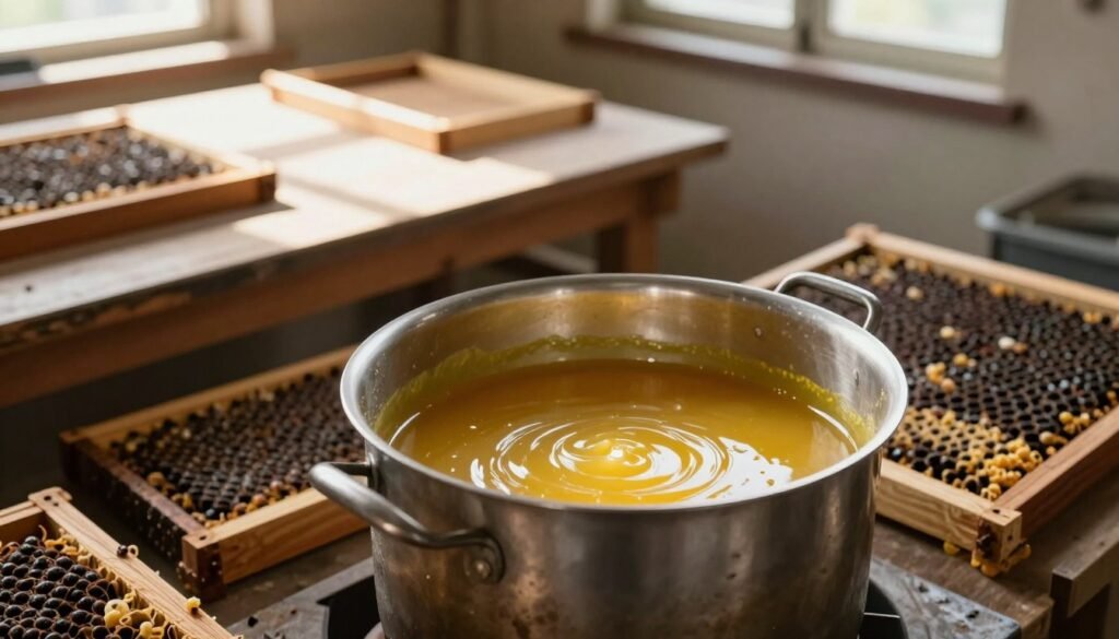 A close-up scene depicting the process of rendering old wax. In the foreground, a sturdy stainless steel pot sits on a warm stove, with melted golden wax shimmering invitingly inside. Surrounding the pot, scattered frames from a bee colony, showing their rich, dark patina. In the middle ground, a set of clean, wooden work tables are dappled with bright natural light, accentuating the textures of the wax and frames. In the background, a window lets in soft, diffused sunlight, creating a warm and inviting atmosphere. The overall mood is industrious yet serene, evoking the handcraft nature of the wax rendering process. The lens captures a slight overhead angle, focusing on the melting wax and the surrounding materials, ensuring a detailed, engaging composition without any people or extraneous elements.