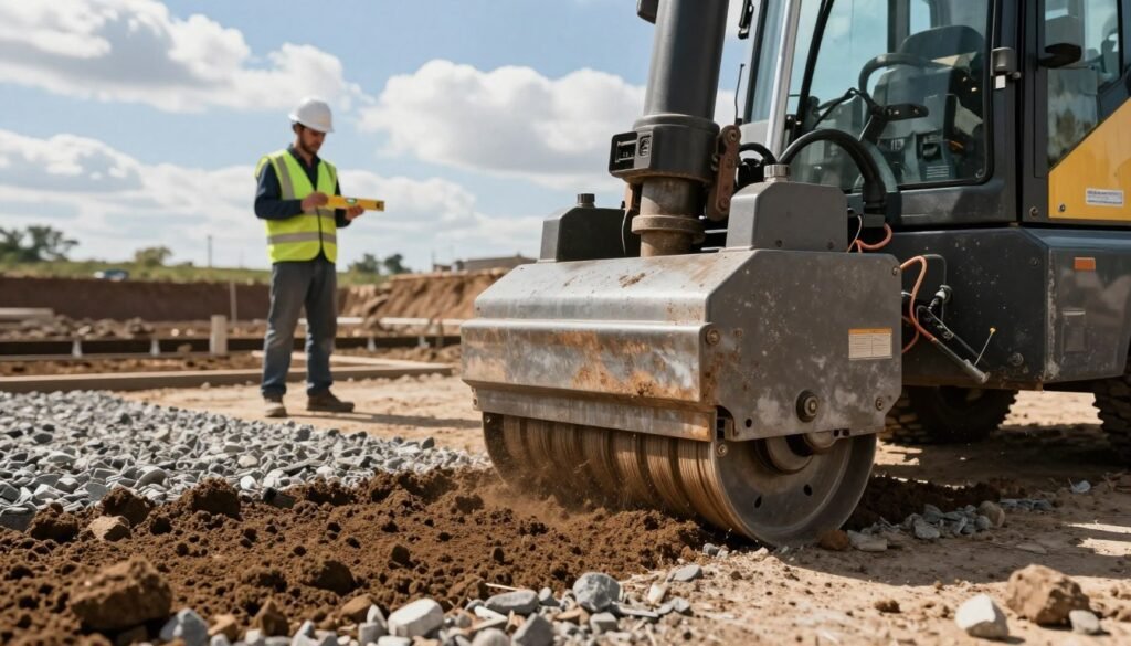 A close-up scene depicting the process of soil compaction for foundation installation. In the foreground, a compacting machine is actively compressing a layer of gravel, showcasing the details of the machine’s hydraulic mechanism and the vibration effect on the ground. In the middle ground, a construction worker, dressed in a hard hat and safety vest, inspects the area with a level tool, embodying professionalism and focus. The background features a sunny sky with fluffy clouds above a freshly excavated foundation site with clearly marked outlines. The overall atmosphere is one of diligence, precision, and a well-structured work environment, emphasizing the importance of proper compaction in successful foundation installation. The scene is lit with natural sunlight, casting soft shadows that highlight the textures of the soil and machinery.
