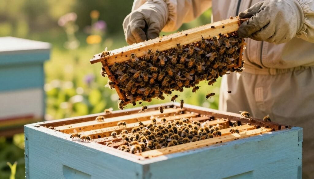A close-up scene depicting the shake method for installing package bees into a hive. In the foreground, a person wearing a light-colored, modest beekeeping suit shakes a wooden shipping cage to release the bees. Vivid details of the bees emerging, their wings glistening in the sunlight, create a sense of movement. The middle ground showcases an open hive with frames ready for the bees, framed by greenery, with a few bees already settling in. The background features a soft-focused garden, bathed in warm, golden light, suggesting a serene and productive atmosphere. The image captures a sunny day, providing a vibrant and engaging feel, emphasizing both the delicacy and excitement of transferring package bees.