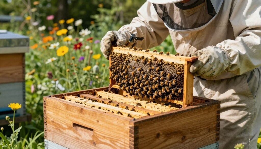 A close-up scene featuring a beekeeping setup designed to retain a hived swarm of bees. In the foreground, a well-constructed wooden beehive is featured prominently with a hinged lid slightly ajar, revealing busy bees swirling around the entrance. The middle ground showcases a beekeeper clad in a light-colored protective suit and veil, gently inspecting the hive with a smoker in their other hand. In the background, a vibrant garden blooms with wildflowers, giving a sense of a thriving ecosystem. Soft, natural sunlight filters through the trees, casting dappled shadows on the ground, creating a serene and harmonious atmosphere. The composition emphasizes the importance of proper techniques for retaining swarms, highlighted by an air of tranquility and connection with nature. A close-up scene featuring a beekeeping setup designed to retain a hived swarm of bees. In the foreground, a well-constructed wooden beehive is featured prominently with a hinged lid slightly ajar, revealing busy bees swirling around the entrance. The middle ground showcases a beekeeper clad in a light-colored protective suit and veil, gently inspecting the hive with a smoker in their other hand. In the background, a vibrant garden blooms with wildflowers, giving a sense of a thriving ecosystem. Soft, natural sunlight filters through the trees, casting dappled shadows on the ground, creating a serene and harmonious atmosphere. The composition emphasizes the importance of proper techniques for retaining swarms, highlighted by an air of tranquility and connection with nature.