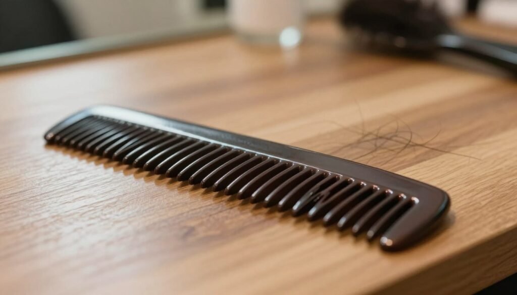 A close-up scene featuring a straight comb resting on a sleek, polished wooden surface. In the foreground, the comb should be highlighted, showcasing its evenly spaced teeth and a glossy finish, reflecting soft light. The middle ground includes a few scattered strands of hair to indicate usage, while in the background, a blurred, warm-toned salon environment subtly hints at a professional setting. The lighting is soft and natural, creating an inviting atmosphere with gentle shadows. The angle of the shot emphasizes the comb’s straightness, creating a sense of precision and care. Aim for a calm and focused mood, ideal for illustrating best practices in grooming techniques.