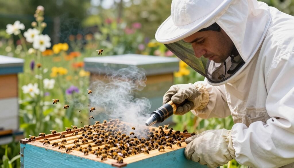 A close-up scene focused on a beekeeper in protective gear investigating aggressive bee behavior around a hive. In the foreground, the beekeeper, dressed in a full white suit with a veil, carefully observes the hive using a smoke tool to calm the bees. The middle layer depicts swarming bees buzzing around and showing heightened activity. The background features a sunny garden with blooming flowers and greenery, creating a sense of vibrancy. Soft, natural lighting enhances the scene, highlighting the delicate interaction between the beekeeper and the bees. The atmosphere conveys tension mixed with diligence, emphasizing the seriousness of addressing aggressive bee behavior in a hive.