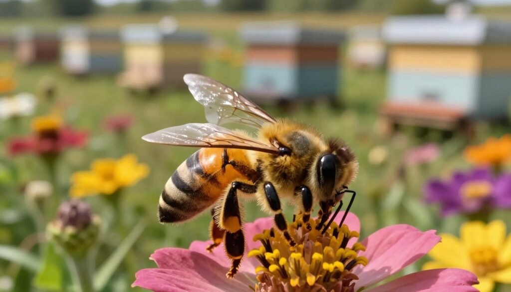 A close-up scene focused on a honey bee in vivid detail, its black and golden stripes glistening under natural sunlight. The foreground features the bee pollinating a vibrant flower, with intricate details of its wings catching glimmers of light. In the middle ground, a diverse assortment of imported flowers symbolizes different regions of the world, showcasing a range of colors and shapes that bees commonly interact with. In the background, a blurred landscape of beehives emphasizes the idea of honey bee imports, providing context without overwhelming the main subject. The overall atmosphere is one of serene productivity, with soft, warm lighting enhancing the vivid colors, creating a sense of harmony between nature and the impact of human activity.