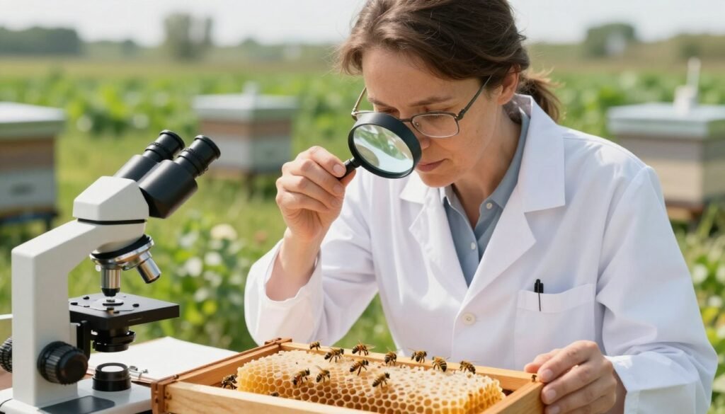 A close-up scene focusing on a scientist in a white lab coat examining bees on a wooden frame outdoors, surrounded by lush green vegetation. In the foreground, a microscope and a notepad are positioned on a table, with several bees visibly perched on a honeycomb. The middle layer shows the scientist, a middle-aged Caucasian woman with glasses, intently observing the bees through a hand-held magnifying glass. The background features a softly blurred apiary with hives under bright, natural sunlight, conveying clarity and optimism. The atmosphere is serious yet hopeful, reflecting the importance of effective mite treatment. Use a shallow depth of field to accentuate the foreground's details, and create a warm but scientific mood with balanced lighting. A close-up scene focusing on a scientist in a white lab coat examining bees on a wooden frame outdoors, surrounded by lush green vegetation. In the foreground, a microscope and a notepad are positioned on a table, with several bees visibly perched on a honeycomb. The middle layer shows the scientist, a middle-aged Caucasian woman with glasses, intently observing the bees through a hand-held magnifying glass. The background features a softly blurred apiary with hives under bright, natural sunlight, conveying clarity and optimism. The atmosphere is serious yet hopeful, reflecting the importance of effective mite treatment. Use a shallow depth of field to accentuate the foreground's details, and create a warm but scientific mood with balanced lighting.