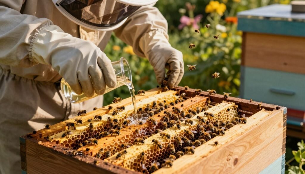 A close-up scene focusing on a vibrant beehive being actively fed by a beekeeper wearing a protective suit and gloves. The foreground captures the beekeeper gently pouring a mixture of sugar water into a feeder, bees buzzing around, showcasing their busy activity. In the middle ground, the hive is intricately detailed, with wooden frames visible and honeycomb glistening in sunlight. The background features a lush garden with flowers, emphasizing an abundance of natural resources. The lighting is warm and inviting, casting soft shadows, creating a serene atmosphere of harmony between nature and beekeeping. The angle is slightly elevated, providing a comprehensive view of the hive and feeding process, highlighting best practices in hive maintenance.