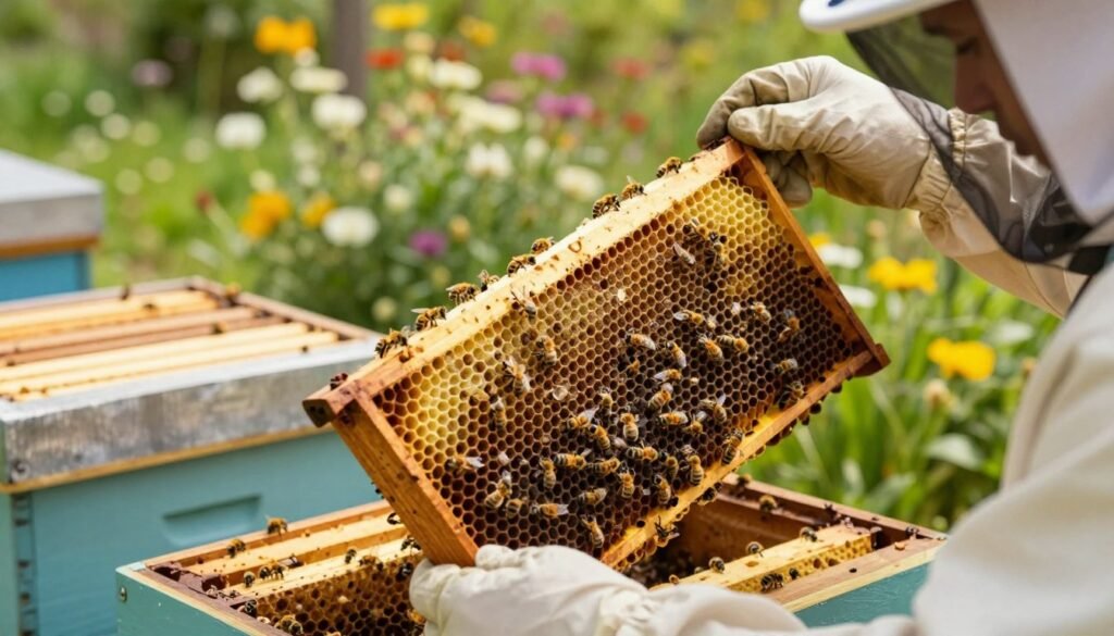 A close-up scene illustrating beekeepers testing for queenlessness in a beehive frame. In the foreground, a focused beekeeper in professional attire examines a frame, holding it up to eye level to inspect for the queen. The frame is detailed, showcasing capped brood cells and worker bees in motion. In the middle ground, additional frames lean against the hive, some with bees actively moving. The background features a sunny garden, lush with blooming flowers, providing a soft focus. The natural lighting casts warm highlights on the scene, giving a lively atmosphere while underscoring the importance of accurate diagnosis. The overall mood is one of diligence and care in beekeeping practices. A close-up scene illustrating beekeepers testing for queenlessness in a beehive frame. In the foreground, a focused beekeeper in professional attire examines a frame, holding it up to eye level to inspect for the queen. The frame is detailed, showcasing capped brood cells and worker bees in motion. In the middle ground, additional frames lean against the hive, some with bees actively moving. The background features a sunny garden, lush with blooming flowers, providing a soft focus. The natural lighting casts warm highlights on the scene, giving a lively atmosphere while underscoring the importance of accurate diagnosis. The overall mood is one of diligence and care in beekeeping practices.