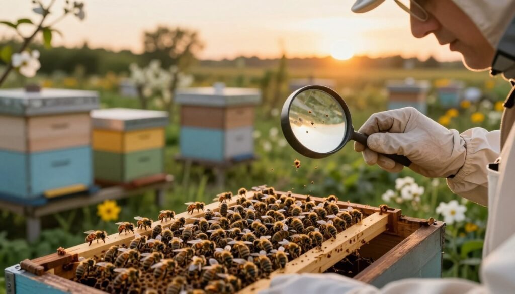A close-up scene illustrating mite monitoring for bees, featuring an apiarist in professional attire carefully examining a hive frame. The foreground focuses on the apiarist holding a frame filled with bees, while visible Varroa mites are highlighted with a magnifying glass, showcasing their intricate details. In the middle ground, several hives stand in a lush garden environment, surrounded by blooming flowers, enhancing the natural setting. The background depicts a soft sunset, casting warm golden light over the scene, creating an inviting and educational atmosphere. The composition should have a shallow depth of field to draw attention to the monitoring techniques, capturing a sense of diligence and care in bee management.