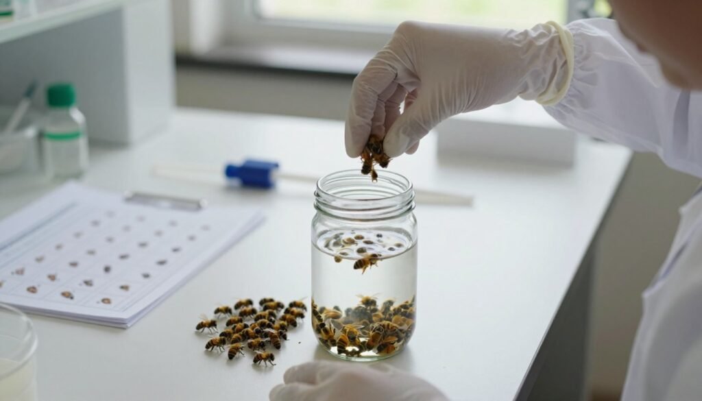 A close-up scene illustrating the alcohol wash procedure for Varroa mite control. In the foreground, a glass jar filled with a clear alcohol solution sits prominently on a clean, white laboratory table, with a cluster of bee samples beside it. A pair of hands, gloved and wearing modest, professional attire, is carefully pouring the bees into the jar. In the middle ground, there are tools such as a pipette, a stirrer, and an identification chart for Varroa mites, all neatly arranged. The background hints at a well-organized beekeeping workshop, softly lit by natural daylight filtering through a window, creating a calm and focused atmosphere. The angle is slightly overhead, capturing both the action and the environment, emphasizing the precision and care involved in this scientific procedure.