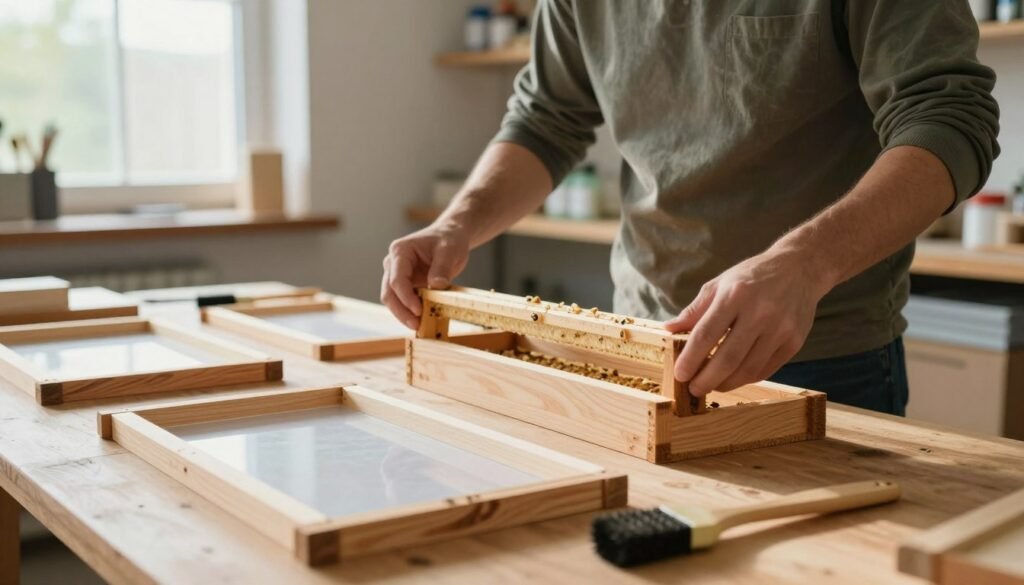 A close-up scene in a bright and organized workshop, where a professional in modest casual clothing carefully inspects and prepares wooden beehive frames for safe reintroduction. The foreground features a variety of clean, sanitized frames laid out on a wooden table, with tools like a hive tool and a brush nearby. In the middle, the person is engaged in inspecting the frames, with natural light streaming through a large window, casting gentle shadows and highlighting the details of the wood grain. The background displays shelves lined with beekeeping supplies, creating a sense of order and readiness. The overall mood is focused and industrious, emphasizing safety and meticulous preparation for beekeeping practices. A close-up scene in a bright and organized workshop, where a professional in modest casual clothing carefully inspects and prepares wooden beehive frames for safe reintroduction. The foreground features a variety of clean, sanitized frames laid out on a wooden table, with tools like a hive tool and a brush nearby. In the middle, the person is engaged in inspecting the frames, with natural light streaming through a large window, casting gentle shadows and highlighting the details of the wood grain. The background displays shelves lined with beekeeping supplies, creating a sense of order and readiness. The overall mood is focused and industrious, emphasizing safety and meticulous preparation for beekeeping practices.
