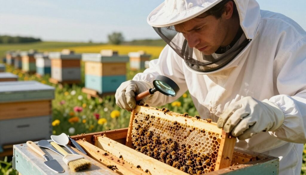 A close-up scene in a sunny apiary, focusing on a beekeeper in a white protective suit and gloves, carefully inspecting a hive frame for signs of disease. In the foreground, various sterile hive tools—such as scrapers and brushes—are laid out neatly on a workbench. The beekeeper uses a handheld magnifying glass to examine the frame, with a slightly concerned expression, highlighting their focus on disease management. In the background, rows of wooden hives stand under clear blue skies, surrounded by blooming flowers, creating a vibrant and active environment. The lighting is warm and inviting, casting soft shadows that add depth to the scene, emphasizing the importance of hygiene and health in beekeeping.