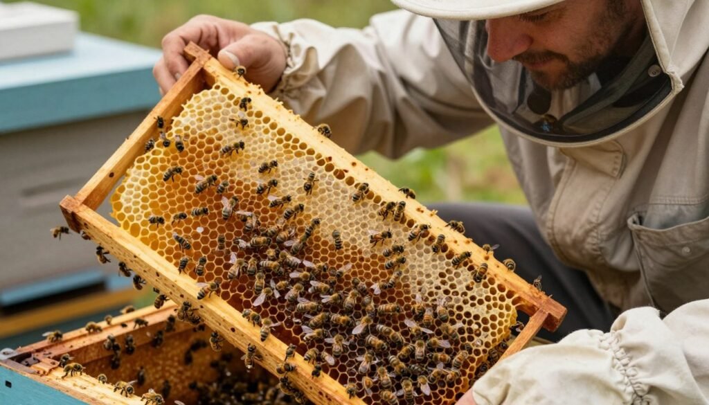 A close-up scene inside a beehive, focusing on a calm, professional beekeeper in modest casual clothing, examining a frame of honeycomb filled with bees. The beekeeper has a gentle expression, representing the careful management of expectations regarding a new queen bee. Surrounding the beekeeper, hundreds of bees can be seen buzzing energetically. The hive itself is constructed from warm, natural wood, with frames showcasing delicate hexagonal honeycomb patterns. Soft, diffused sunlight filters through the hive, highlighting the golden tones of the honey and the shimmering wings of the bees. The atmosphere is one of tranquility and diligence, capturing the essence of nurturing and patience necessary for successful queen bee introduction. The angle is slightly tilted downwards to emphasize the beekeeper's interaction with the hive.