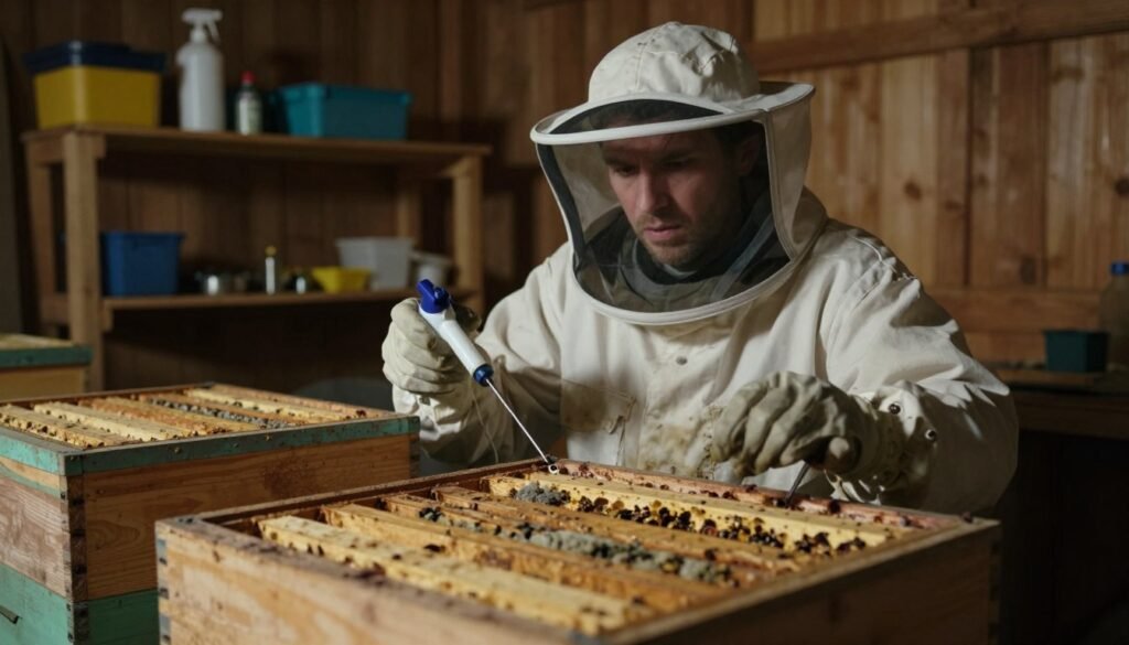 A close-up scene inside a dimly lit wooden shed, showing a beekeepers' workspace. In the foreground, there are several visibly contaminated wooden beehive frames stacked neatly, some with mold and discoloration. In the middle, a professional beekeeper wearing protective gear examines the hives with a concerned expression, holding a disinfection spray and tools. The background features shelves with cleaning supplies and tools, soft shadows creating an atmosphere of urgency and careful assessment. The lighting is warm but moody, highlighting the beekeeper's focused face, emphasizing the importance of swift action in pest control. The overall mood conveys a sense of seriousness and the necessity of decisions about hive destruction. A close-up scene inside a dimly lit wooden shed, showing a beekeepers' workspace. In the foreground, there are several visibly contaminated wooden beehive frames stacked neatly, some with mold and discoloration. In the middle, a professional beekeeper wearing protective gear examines the hives with a concerned expression, holding a disinfection spray and tools. The background features shelves with cleaning supplies and tools, soft shadows creating an atmosphere of urgency and careful assessment. The lighting is warm but moody, highlighting the beekeeper's focused face, emphasizing the importance of swift action in pest control. The overall mood conveys a sense of seriousness and the necessity of decisions about hive destruction.