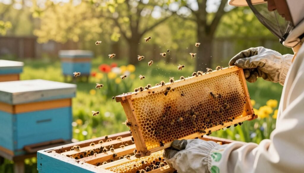 A close-up scene of a backyard beekeeper gently removing drone brood from a bee frame. In the foreground, focus on the beekeeper's hand wearing protective gloves, carefully holding a frame filled with honeycomb, showing visible drone cells. The middle ground features a vibrant hive bustling with activity, bees flying in and out, and the golden sunlight illuminating the scene, casting soft shadows. In the background, lush green trees and colorful flowers are seen, representing a thriving spring season. The lighting is warm and inviting, creating a serene atmosphere that emphasizes the harmonious relationship between nature and the beekeeper. The overall mood is peaceful and dedicated, showcasing the importance of managing mite populations during the spring nectar flow.