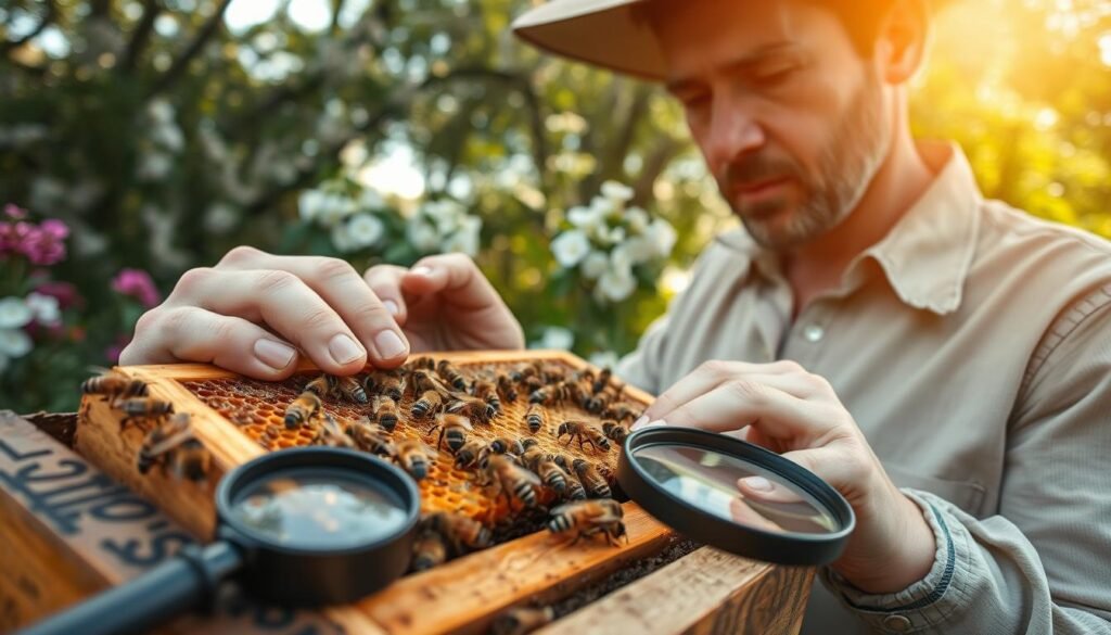 A close-up scene of a backyard beekeeper in a modest casual shirt, carefully inspecting a frame of honeycomb from a beehive, focusing on the presence of varroa mites. In the foreground, a magnifying glass lies nearby, emphasizing the importance of detailed mite monitoring. In the middle ground, honeybees buzz around the frame, showcasing their activity, while the beekeeper examines the mites with a serious yet calm expression. In the background, a lush garden with blooming flowers creates a peaceful atmosphere, complemented by warm, natural daylight filtering through the trees. The composition captures a sense of dedication to bee health and sustainable beekeeping practices, evoking a mood of responsibility and care for the environment.