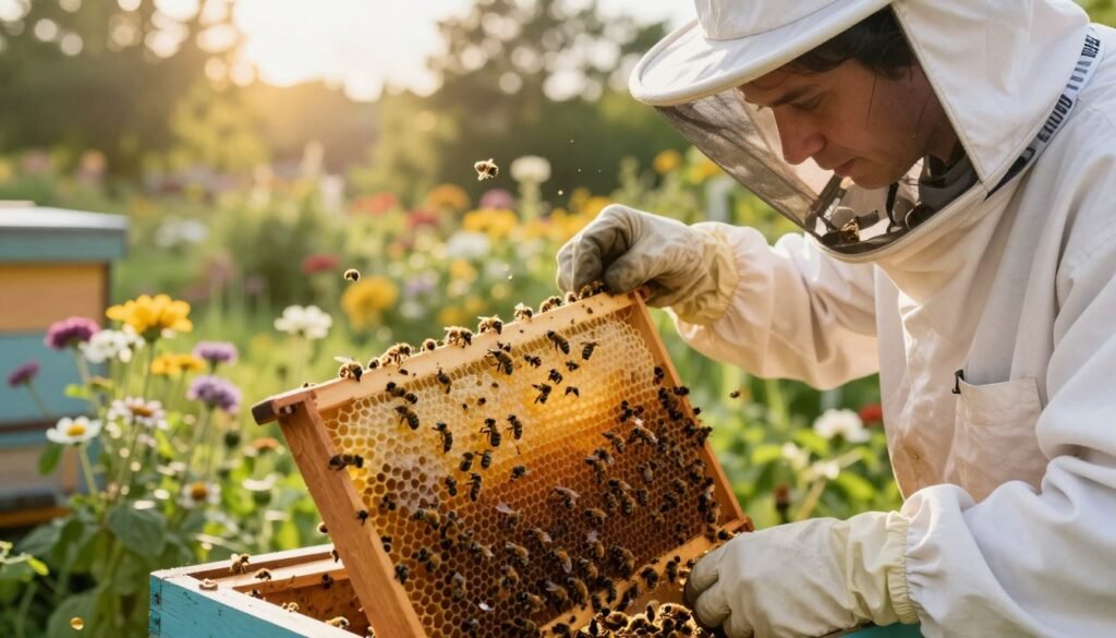 A close-up scene of a beekeeper, dressed in a professional white suit with a veil, carefully inspecting a bee colony within a wooden hive. The foreground captures the beekeeper's focused expression as she examines the frames for signs of nutritional health, with bees buzzing around her. In the middle ground, the frames are filled with honeycomb and visible bees, indicating active foraging behavior. The background features a lush garden blooming with flowers that provide natural forage for the bees. Soft, golden sunlight filters through the trees, creating a warm and vibrant atmosphere, and highlighting the delicate details of the bees and hive. The angle is slightly overhead, allowing viewers to appreciate the intricate relationship between the beekeeper and her bees, while emphasizing the importance of assessing hive nutrition.