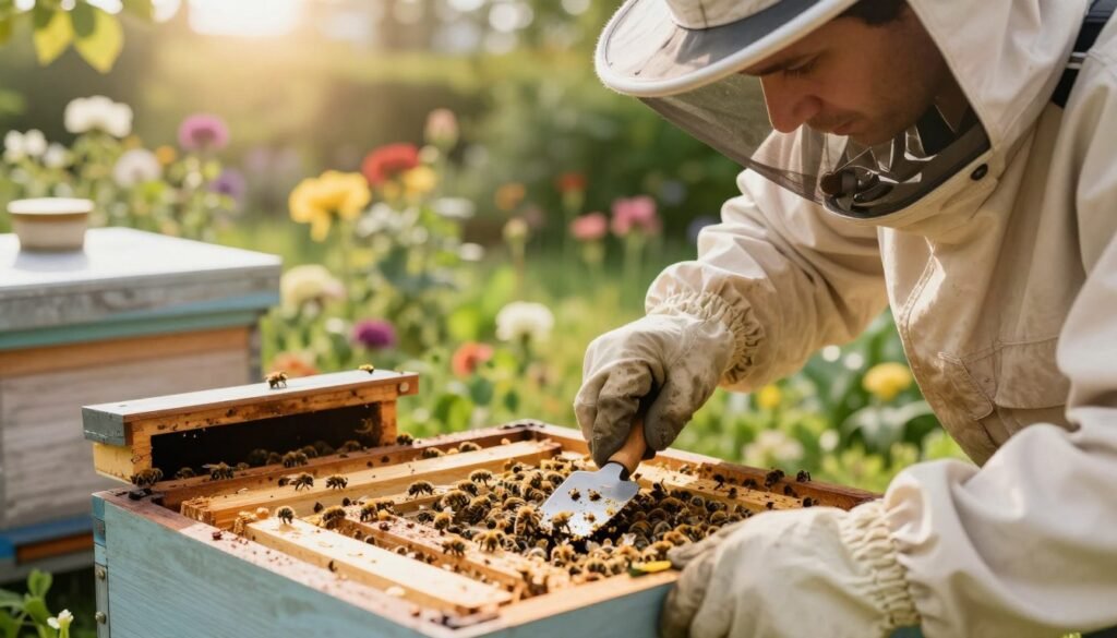 A close-up scene of a beekeeper, dressed in professional attire, diligently maintaining cleanliness around a beehive entrance. The foreground features the beekeeper using a scraper to remove waste and debris from the entrance block, ensuring a tidy environment for the bees. The middle ground showcases the beehive with a well-structured entrance reducer in place, protecting the colony. In the background, a lush garden with blooming flowers and gentle sunlight filtering through leaves creates a serene atmosphere. The lighting is warm and soft, emphasizing the importance of hygiene in beekeeping. The camera angle is slightly above eye level, capturing the focused expression of the beekeeper as they work with care and dedication in this peaceful setting. A close-up scene of a beekeeper, dressed in professional attire, diligently maintaining cleanliness around a beehive entrance. The foreground features the beekeeper using a scraper to remove waste and debris from the entrance block, ensuring a tidy environment for the bees. The middle ground showcases the beehive with a well-structured entrance reducer in place, protecting the colony. In the background, a lush garden with blooming flowers and gentle sunlight filtering through leaves creates a serene atmosphere. The lighting is warm and soft, emphasizing the importance of hygiene in beekeeping. The camera angle is slightly above eye level, capturing the focused expression of the beekeeper as they work with care and dedication in this peaceful setting.