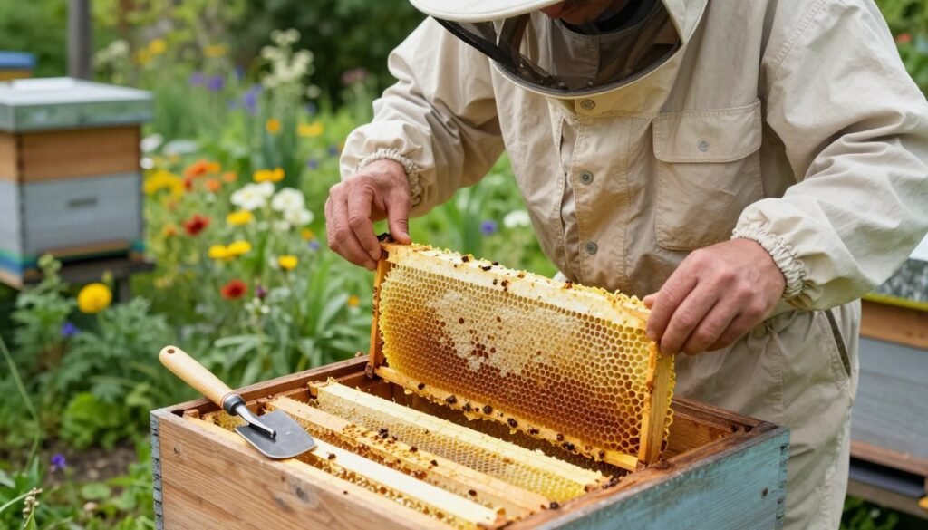 A close-up scene of a beekeeper in a light-colored, professional beekeeping suit, carefully arranging frames in a wooden beehive preparation area. The foreground features well-organized tools like a hive tool and smoker, glistening under soft, natural light filtering through trees. In the middle, the beekeeper is focused on adjusting frames that are filled with healthy, glistening honeycomb, showcasing their rich golden hue. The background consists of a lush garden, dotted with vibrant flowers and a couple of other hives, hinting at a thriving environment for future colonies. The mood is calm and hopeful, emphasizing care and anticipation for a successful honey production season ahead. The angle is slightly overhead to capture both the beekeeper's intent focus and the beauty of the prepared hive. A close-up scene of a beekeeper in a light-colored, professional beekeeping suit, carefully arranging frames in a wooden beehive preparation area. The foreground features well-organized tools like a hive tool and smoker, glistening under soft, natural light filtering through trees. In the middle, the beekeeper is focused on adjusting frames that are filled with healthy, glistening honeycomb, showcasing their rich golden hue. The background consists of a lush garden, dotted with vibrant flowers and a couple of other hives, hinting at a thriving environment for future colonies. The mood is calm and hopeful, emphasizing care and anticipation for a successful honey production season ahead. The angle is slightly overhead to capture both the beekeeper's intent focus and the beauty of the prepared hive.