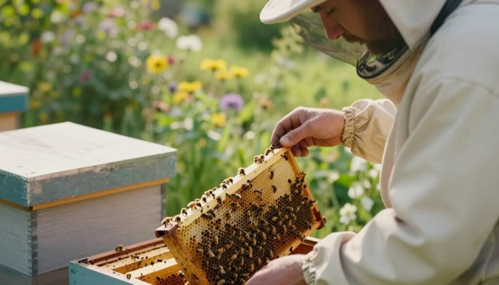 A close-up scene of a beekeeper in a light-colored suit, thoughtfully inspecting a nuc hive with a second box nearby, ready to be added. The foreground features the beekeeper holding a frame filled with bees, showcasing their activity and the capped honey cells. In the middle ground, the nuc hive is prominently placed, with the second box resting beside it, indicating readiness for expansion. The background reveals a lush garden with blooming flowers, attracting the bees, under soft, natural sunlight that casts warm highlights. The atmosphere is calm and focused, embodying the essence of careful decision-making in beekeeping. The angle should be slightly elevated, emphasizing the beekeeper's expression and interaction with the hives, while maintaining a serene and professional ambiance.