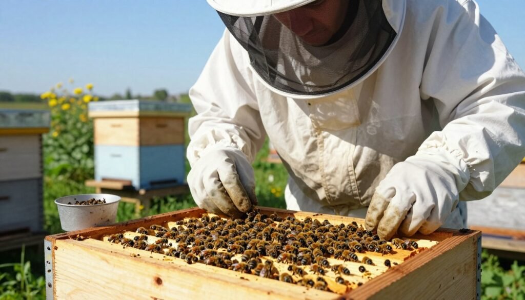 A close-up scene of a beekeeper in a protective suit and gloves, carefully handling dead honey bees in a wooden hive frame. The foreground features the frame with clustered bees, some lifeless, their wings delicately splayed. The beekeeper is focused, demonstrating care in their movements, surrounded by tools for biosecurity, like gloves and a small waste container for contaminated materials. In the middle ground, a clean, organized apiary setting with wooden hives under bright morning sunlight. Soft, natural lighting enhances the sense of responsibility and diligence. The background shows a clear blue sky and a few flowering plants to imply a healthy garden nearby. The atmosphere is serious yet respectful, emphasizing the importance of hygiene and care in beekeeping.