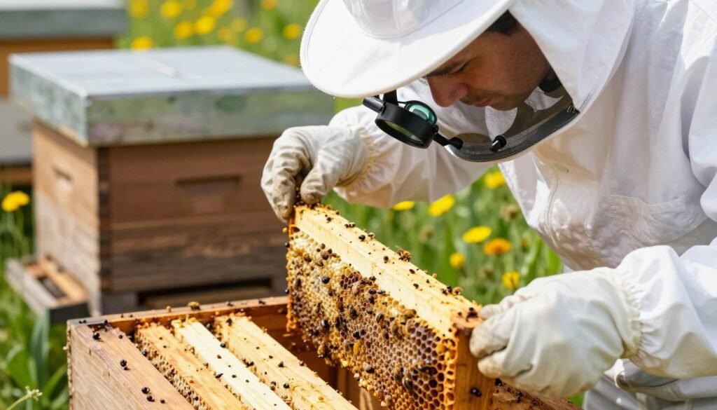 A close-up scene of a beekeeper in a white protective suit, carefully inspecting a wooden beehive for signs of infestation, specifically looking for small hive beetle slime. In the foreground, the beekeeper holds a frame pulled from the hive, examining it with focused attention; detail is given to the texture of the frame and the tiny insects visible under a magnifying lens. The middle ground features the beehive with its rustic texture, surrounded by vibrant wildflowers. In the background, a sunny day illuminates the scene, casting soft, natural light that enhances the colors and details. The atmosphere feels calm yet alert, emphasizing the importance of vigilance in hive inspection.