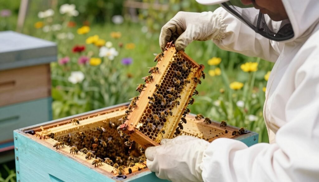 A close-up scene of a beekeeper in a white protective suit, carefully preparing a wooden beehive for the introduction of a new queen bee. The foreground features the beekeeper's hands holding a queen cage, showcasing a small, delicate queen bee inside. In the middle ground, the open hive reveals busy worker bees, with some tending to the brood and others clustered around the empty queen cell. The background captures a sunny garden setting with blooming flowers and greenery, creating a vibrant atmosphere. Soft, natural lighting enhances the details of the bees and hive, while a shallow depth of field focuses on the beekeeper’s actions, evoking a sense of care and anticipation in the process of hive management.