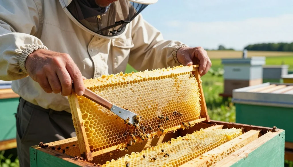 A close-up scene of a beekeeper in modest, professional attire harvesting beeswax from honeycomb frames in a bright, airy apiary. In the foreground, the beekeeper gently scrapes capping wax with a hive tool, revealing golden, glistening honey below. The middle ground features multiple honeycomb frames with vibrant yellow beeswax, sunlight filtering through the beekeeper's protective gear, casting soft light on the scene. In the background, modern beekeeping equipment and lush green fields under a clear blue sky create a serene atmosphere. The image conveys a sense of diligence and care, highlighting the meticulous process of beeswax harvesting, with a warm and inviting color palette. A close-up scene of a beekeeper in modest, professional attire harvesting beeswax from honeycomb frames in a bright, airy
