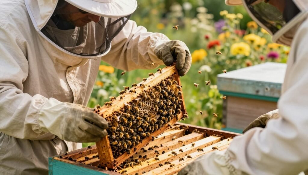 A close-up scene of a beekeeper wearing a protective suit and veil, carefully transferring package bees from a wooden shipping cage to a wooden hive. In the foreground, focus on the beekeeper's gloved hands as they hold the shipping cage, with bees actively buzzing around. The middle ground features the open hive, showcasing the wooden frames inside, awaiting the bees’ arrival. In the background, a sunny garden filled with flowering plants adds an inviting atmosphere. The lighting is warm and natural, enhancing the vibrant colors of the bees and flowers. The mood is calm and focused, highlighting the delicate process of installing package bees. The image captures the importance of this moment in beekeeping without any text or distractions.
