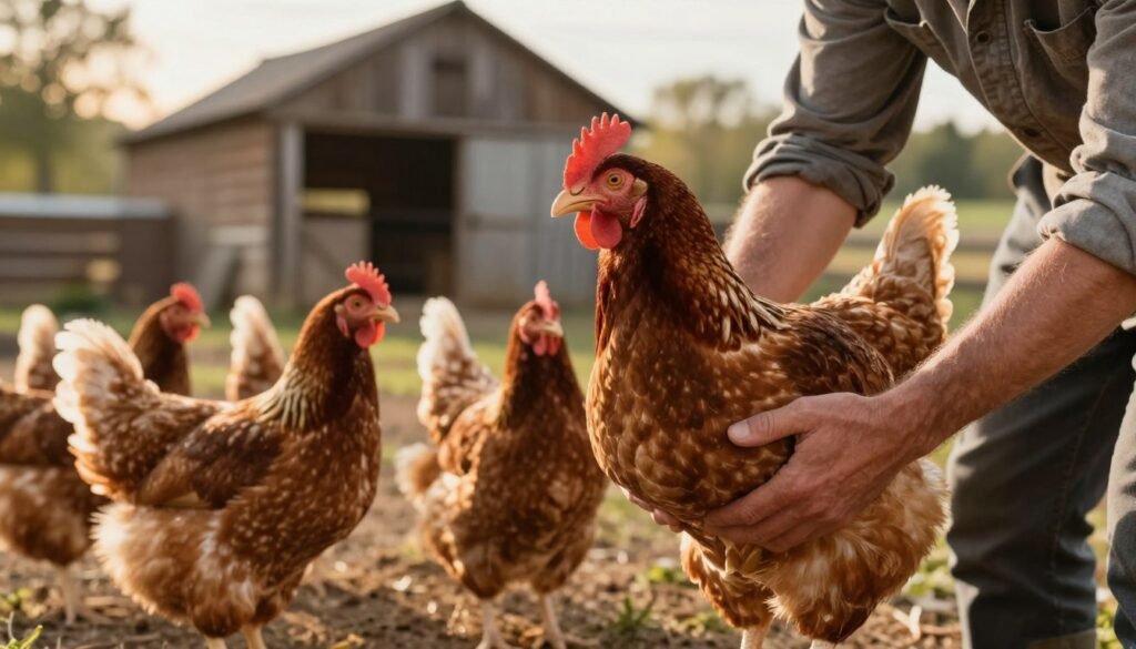 A close-up scene of a chicken farmer gently requeening a colony of hens in a tranquil farm setting. In the foreground, the farmer, dressed in modest casual clothing, carefully holds a healthy queen chicken, showcasing its vibrant feathers and distinctive crown. In the middle, a small group of hens curiously observe, their feathers rich in various hues of brown and gold. The background features a rustic barn bathed in warm, golden afternoon light, adding a serene and hopeful atmosphere. Soft shadows fall across the ground, created by the gentle sunlight filtering through nearby trees. The focus is sharp on the farmer and the queen chicken, while the surroundings are slightly blurred to emphasize the delicate act of requeening, conveying a sense of care and attention to revitalizing the flock.