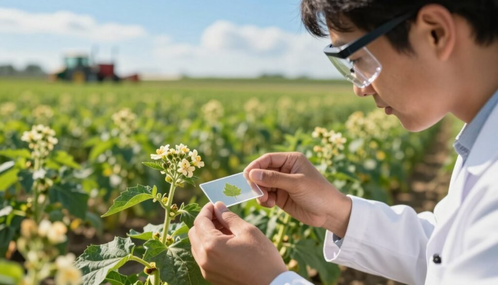 A close-up scene of a field diagnostician examining plant samples for signs of brood disease. In the foreground, a professional in a lab coat, wearing safety goggles, holds a microscope slide with a sample taken from a flowering plant. The middle ground features a lush agricultural field with rows of crops in various stages of growth, sunlit and slightly blurred to emphasize the foreground action. In the background, the sky is clearblue with a few wispy clouds, and distant farm equipment can be seen softly silhouetted against the horizon. Warm, natural lighting enhances the vibrant colors of the plants and creates a hopeful atmosphere around the meticulous diagnostic process, capturing the essence of field diagnostic techniques.