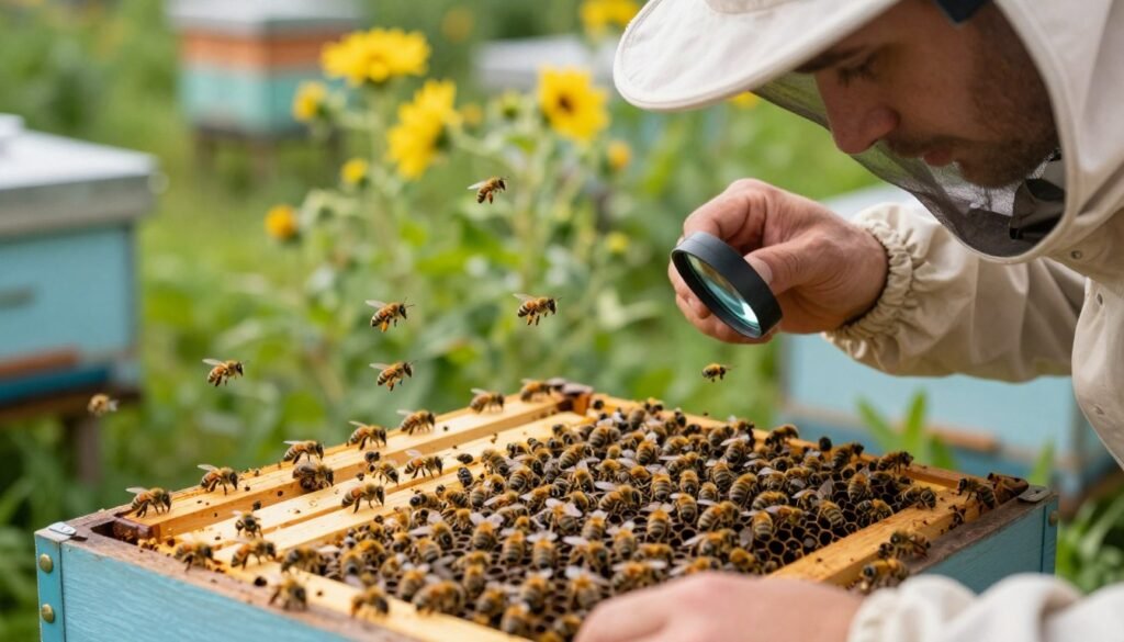 A close-up scene of a honey bee colony, showcasing a skilled beekeeper in professional attire methodically inspecting frames for signs of parasite loads. In the foreground, the beekeeper carefully examines a frame draped with bees, using a magnifying glass to identify Varroa mites. The middle ground reveals vibrant, busy bees around the frame, with some flying in and out of the hive. In the background, a lush green apiary filled with flowering plants under soft morning light highlights the natural environment. The atmosphere is calm and focused, emphasizing the importance of monitoring parasitic threats to ensure colony health. Capture the delicate details of the bees and the equipment used, with gentle sunlight illuminating the scene.