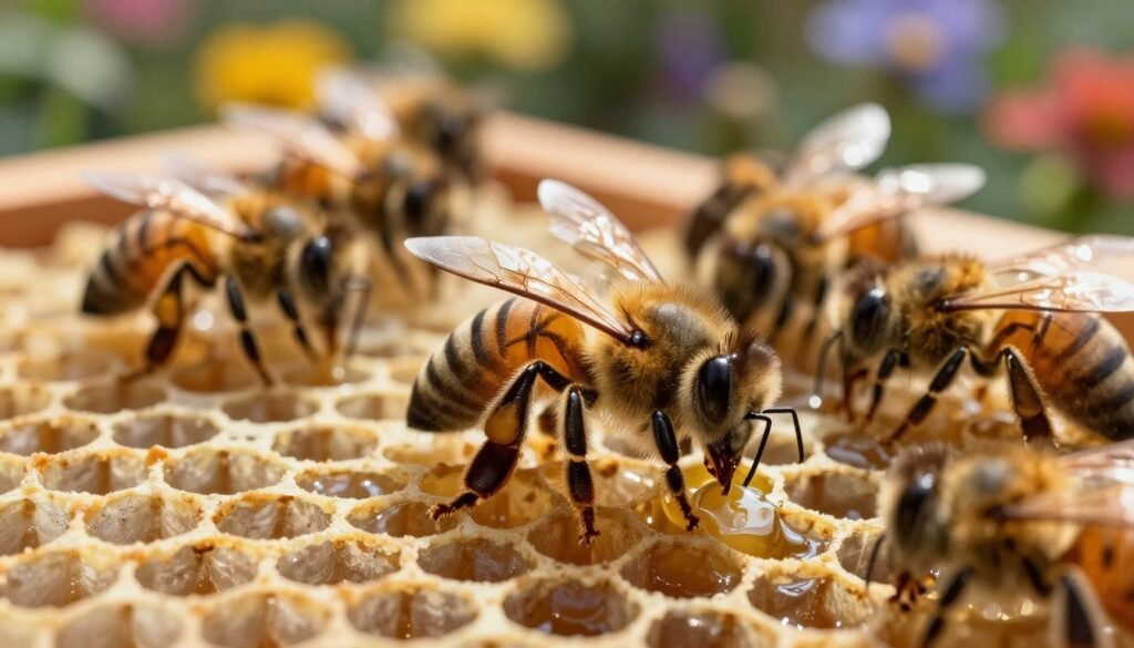A close-up scene of a honey bee engaging in recapping behavior as a defense strategy against infection, surrounded by hexagonal honeycomb cells filled with honey and developing larvae. In the foreground, the bee is meticulously sealing off a larval cell with a thin layer of wax, showcasing intricate details of its legs and wings glistening in sunlight. In the middle ground, other bees can be seen observing and participating in the recapping process, conveying a sense of teamwork and urgency. The background fades softly into a blurred garden setting with vibrant flowers, enhancing the natural habitat ambiance. The image should have warm, golden lighting that creates a serene yet industrious atmosphere, captured with a macro lens to emphasize the delicate details of the bee's actions and the honeycomb texture.