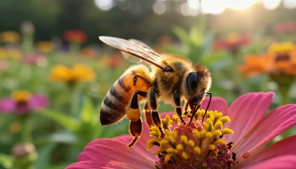 A close-up scene of a honey bee on a vibrant flower, delicately examining its petals, with pollen grains visible on its legs. In the foreground, the bee's intricate details, such as its fuzzy abdomen and translucent wings, are highlighted by golden sunlight, creating a warm and inviting atmosphere. In the middle ground, a lush garden appears, filled with a variety of colorful blooms, evoking a sense of biodiversity. The background features softly blurred greenery, enhancing the focus on the bee and its environment. The lighting should mimic the soft, diffused glow of early morning, instilling a feeling of tranquility and harmony in nature, while subtly suggesting the themes of investigation and health in bee populations.