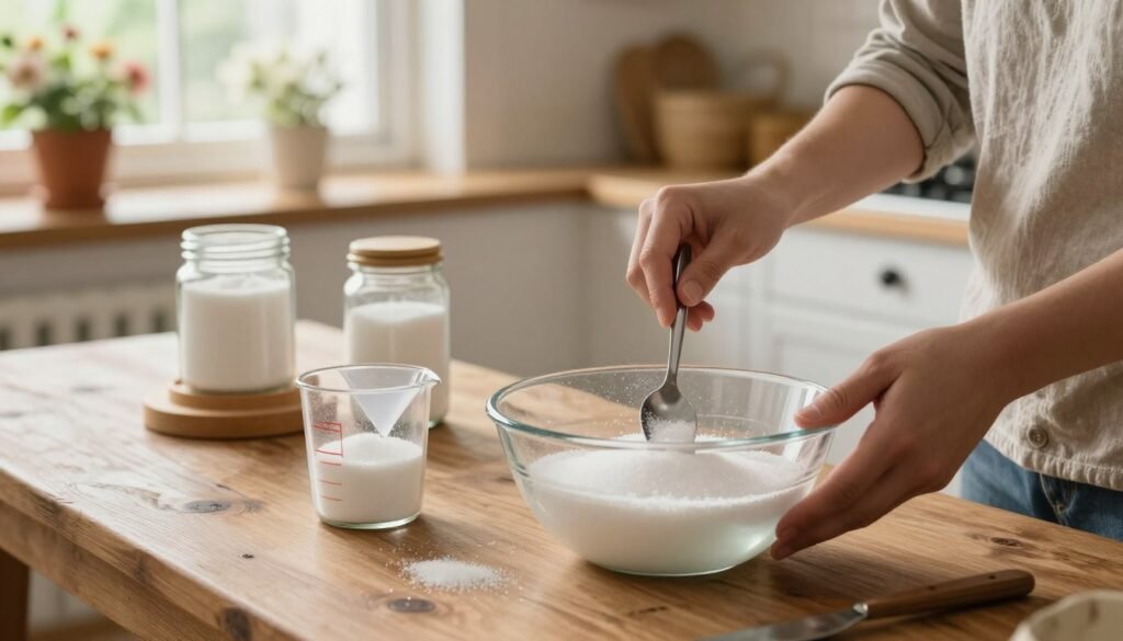 A close-up scene of a person in a modest casual outfit carefully preparing a sugar water solution for a bee feeder. In the foreground, focus on a clear glass mixing bowl filled with water, with a spoon stirring in granulated sugar. Nearby, there’s a measuring cup with sugar, and a small funnel for pouring the solution into a feeder. The middle of the image features a rustic wooden table with a few bee feeders and a jar of fresh sugar. The background softly blurs into a bright, sunlit kitchen with potted flowers, creating a warm and inviting atmosphere. Natural light filters in through a window, highlighting the details of the ingredients and tools, creating a scene of preparation and care.