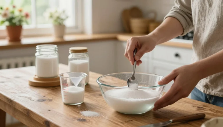 A close-up scene of a person in a modest casual outfit carefully preparing a sugar water solution for a bee feeder