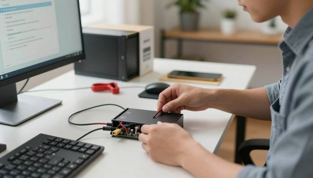 A close-up scene of a professional technician wearing modest casual clothing, carefully installing a compact Intel NUC in a well-lit home office setup. In the foreground, focus on the technician's hands as they connect various cables to the NUC, displaying attention to detail and caution. The middle ground shows a neatly organized workspace with tools, a small monitor displaying troubleshooting tips, and the NUC's box partially open. The background features a cozy office ambiance with soft, natural lighting coming from a nearby window, creating a warm and inviting atmosphere. The entire image should convey a sense of professionalism and safety while highlighting the step-by-step nature of the installation process.