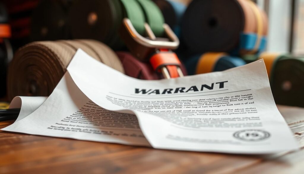 A close-up scene of a ratchet strap warranty document prominently displayed on a wooden surface, conveying a sense of reliability and security. The document, detailed with fine print and an official seal, is partially unrolled, revealing text about the warranty policy. In the background, a neatly arranged set of high-quality ratchet straps in various colors and sizes are secured in bundles, representing durability. Soft, natural lighting illuminates the scene from the side, creating gentle shadows that enhance the textures of the materials. You can feel an atmosphere of professionalism and trustworthiness, perfect for moving gear. The focus should be sharp on the warranty document while the ratchet straps softly blur in the background, suggesting their essential role in secure transportation.