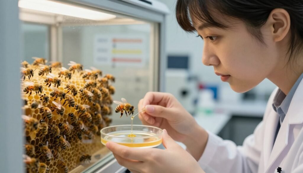 A close-up scene of a researcher wearing a professional lab coat, intently observing a observation chamber filled with honeybee colonies. The foreground showcases the researcher’s focused expression, as she examines a petri dish with pheromones being released. In the middle ground, honeybees are buzzing around, visually engaging with the pheromone signals emitted from a marked queen bee, whose vibrant colors contrast against the darker bees. The background features a softly blurred laboratory setting, with research equipment and charts hinting at studies on bee behavior. The lighting is soft, with a warm glow illuminating the observation area, creating a calm yet inquisitive atmosphere perfect for scientific discovery.