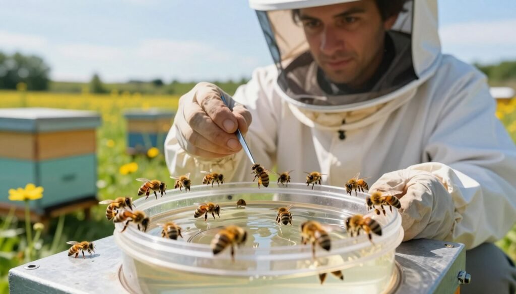A close-up scene of bees actively interacting with a testing setup for alcohol wash in a beekeeping environment. In the foreground, a transparent container filled with alcohol sits, surrounded by bees buzzing energetically around it. The middle ground showcases a beekeeper in a white suit and protective gear, carefully examining the container with a focused expression, using a small tool to collect samples. The background features a sunny apiary, with hive boxes and vibrant wildflowers under clear blue skies. Natural sunlight filters through, creating a warm and inviting atmosphere. The composition highlights the interaction between bees and the testing method, emphasizing the importance of monitoring for Varroa mites. Ensure the scene is crisp and detailed, with a macro lens perspective to capture the intricacies of the bees and equipment.