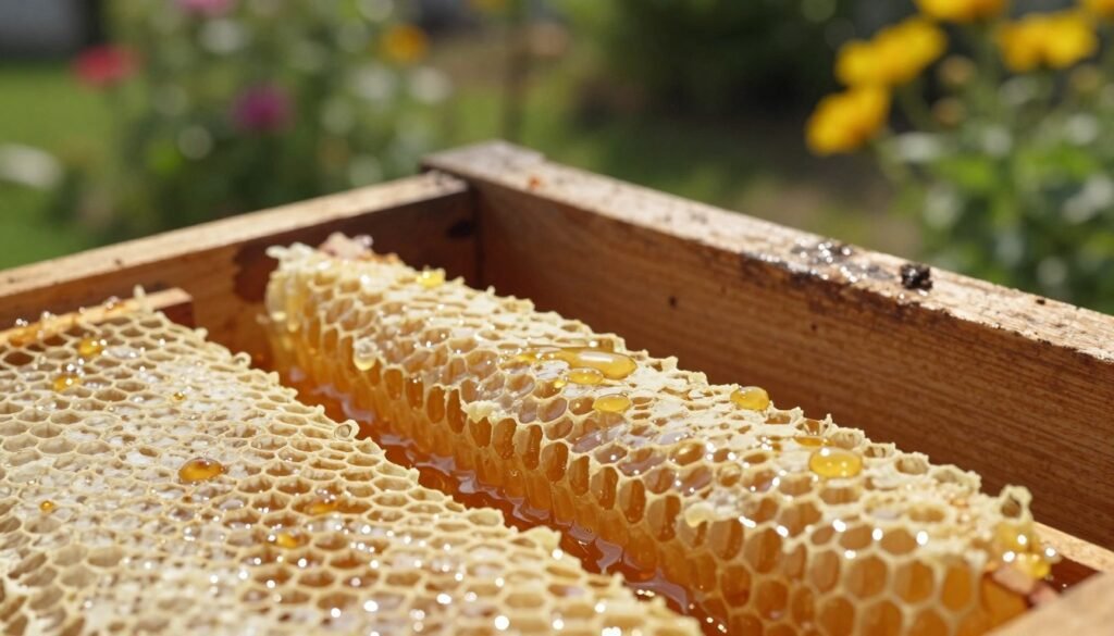 A close-up scene of capped honeycomb frames, showcasing glistening golden honey fully sealed beneath the beeswax caps. In the foreground, the hexagonal patterns of the honeycomb are sharp and detailed, glistening with droplets of honey reflecting warm light. The middle ground features a rustic wooden bee box, with subtle signs of wear, suggesting careful harvesting. Soft, natural lighting creates a warm atmosphere, illuminating the honeycomb while casting gentle shadows. In the background, a blurred garden with bright flowers hints at the biodiversity supporting the bees, enhancing the overall setting. The mood is tranquil and inviting, capturing a moment of nature's sweetness and the importance of timing in honey extraction. A close-up scene of capped honeycomb frames, showcasing glistening golden honey fully sealed beneath the beeswax caps. In the foreground, the hexagonal patterns of the honeycomb are sharp and detailed, glistening with droplets of honey reflecting warm light. The middle ground features a rustic wooden bee box, with subtle signs of wear, suggesting careful harvesting. Soft, natural lighting creates a warm atmosphere, illuminating the honeycomb while casting gentle shadows. In the background, a blurred garden with bright flowers hints at the biodiversity supporting the bees, enhancing the overall setting. The mood is tranquil and inviting, capturing a moment of nature's sweetness and the importance of timing in honey extraction.